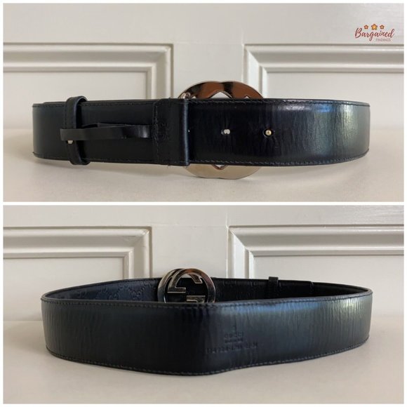 Authentic Gucci Black Guccissima Leather Silver Interlocking G Buckle Belt 85/34 - Picture 6 of 13